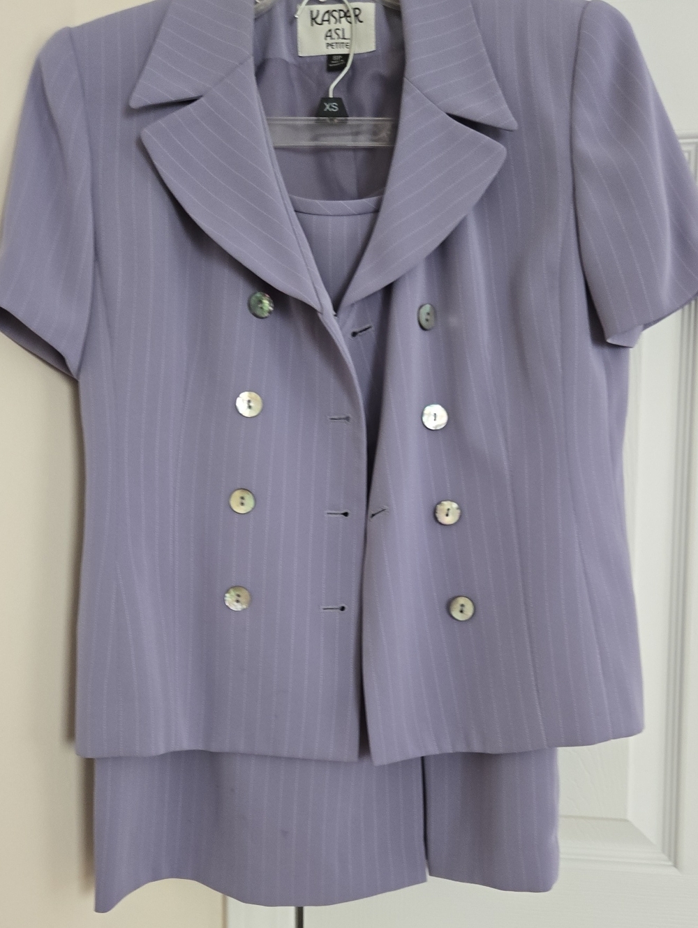 Kasper Lavender Pinstripe Double-Breasted Short-Sleeve Blazer